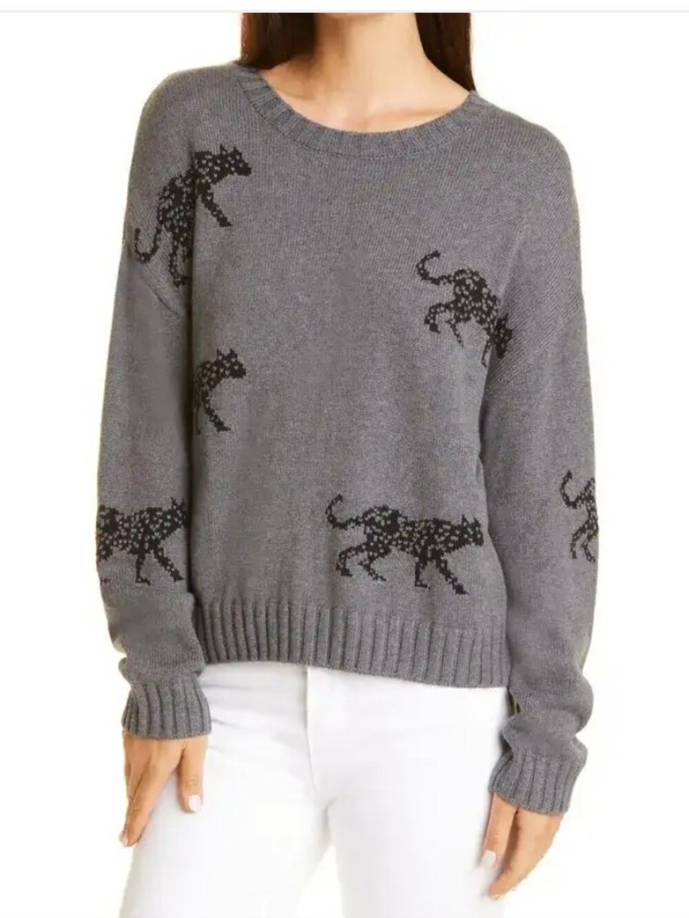 Rails Gray Intarsia Cat Cotton-Cashmere Crewneck Sweater/size Med